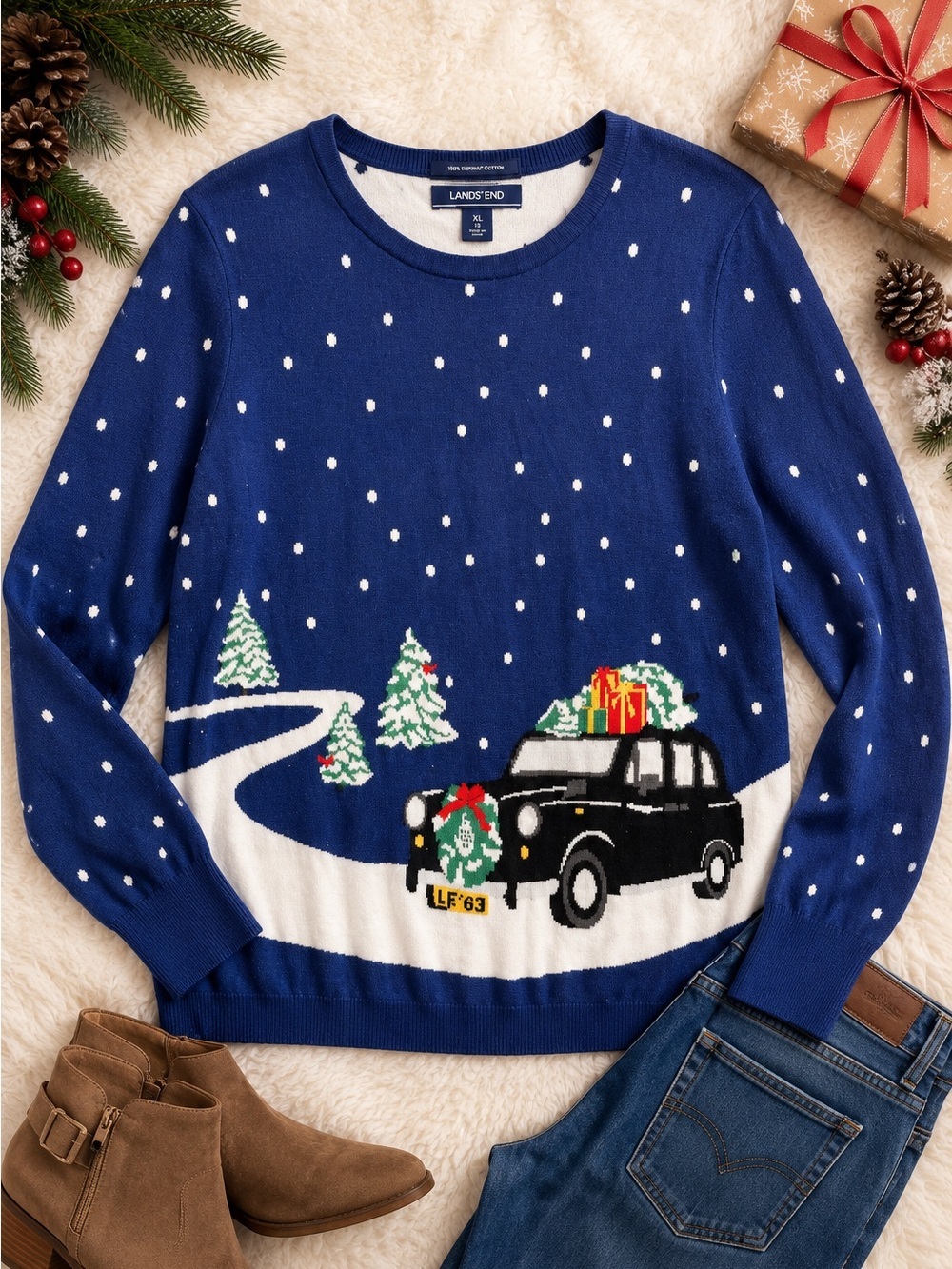 Lands End Holiday Cottagecore Christmas Sweater Taxi Snow Scene Supima XL 18 E17